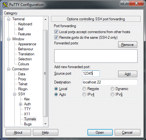 PuTTY config - Tunnels